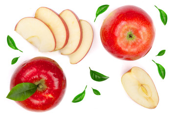 red apples with slices and leaves isolated on white background top view. Set or collection. Flat lay pattern