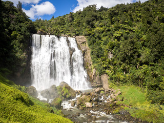 Amazing Large Waterfall Landscape in North Island, New Zealand near Waitomo Caves called Marokopa Falls