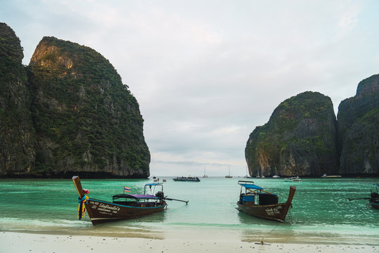 Thailand, Phi Phi Islands, Ko Phi Phi, moored long-tail boats