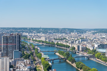 View of skyline Paris from top view. Cityscape of Paris from Eifel tower.  Cityscape and Seine river from top view at Eifel tower. 