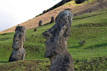 Weathered Heads of Two Moai on the Slopes of Rano Raraku, Rapa Nui (Easter Island)