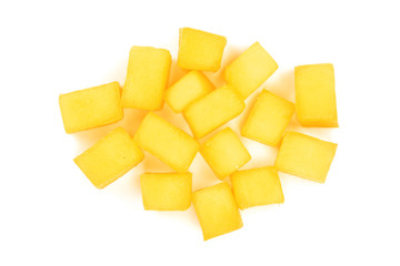 cube of Mango fruit isolated on white background close-up. Top view. Flat lay