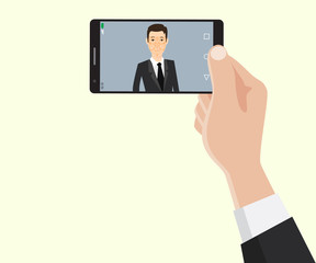 Fototapeta na wymiar face recognition id technology with business man hand holding a smartphone