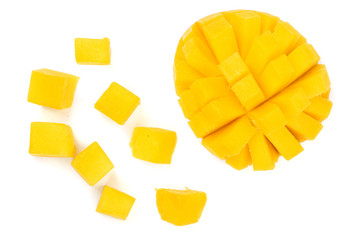 half of Mango fruit isolated on white background close-up. Top view. Flat lay