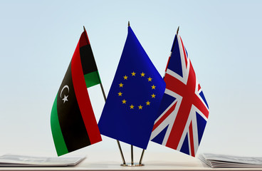 Flags of Libya European Union and Great Britain