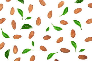 almonds with leaves isolated on white background. Flat lay pattern