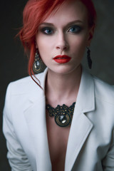 red hair ginger white Caucasian girl woman female white jacket portrait close up make up earrings...