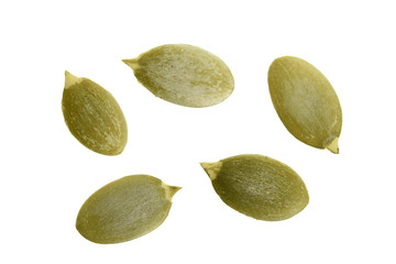 Pumpkin seeds or pepitas, isolated on white background. Top view. Flat lay