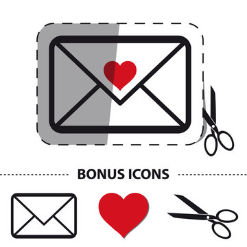 Love Envelope With Scissor And Cut Line - Vector Sticker Illustration - Bonus Icons - Isolated On White Background
