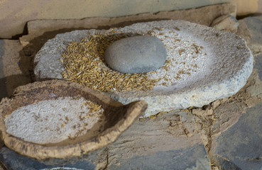 Neolithic era hand mill stone with barley and flour bowl made