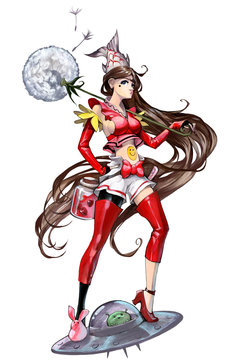 Surreal fantasy illustration of a cute anime cartoon female character with long dark hair riding a ufo with alien inside