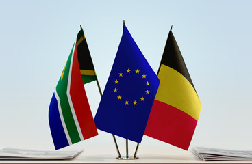 Flags of Republic of South Africa European Union and Belgium