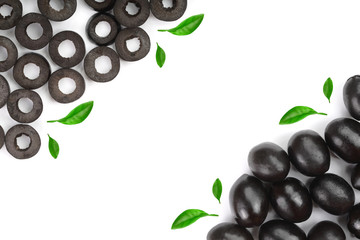 whole and sliced black olives isolated on white background. Top view. Flat lay pattern