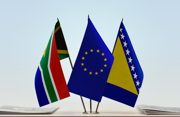 Flags of Republic of South Africa European Union and Bosnia and Herzegovina