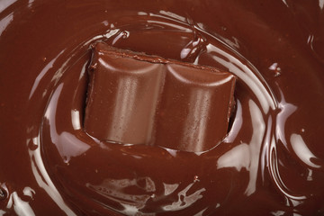 Melted chocolate and pieces of chocolate bar as a background closeup