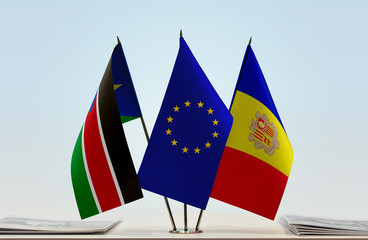 Flags of South Sudan European Union and Andorra