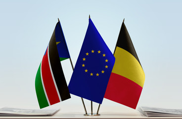 Flags of South Sudan European Union and Belgium