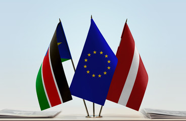 Flags of South Sudan European Union and Latvia