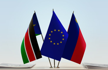 Flags of South Sudan European Union and Liechtenstein