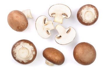 Fresh champignon mushrooms isolated on white background. Top view. Flat lay