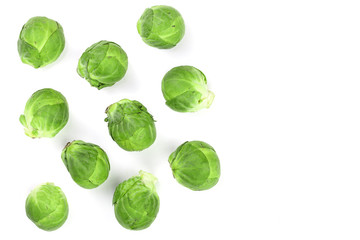 Brussels sprouts isolated on white background with copy space for your text. Top view. Flat lay