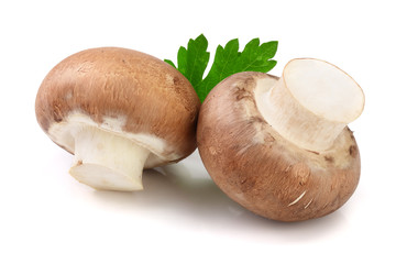 Royal Brown champignon with leaf parsley isolated on white background