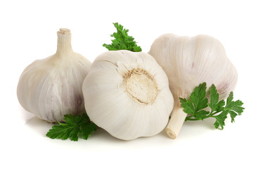 garlic with parsley leaf isolated on white background