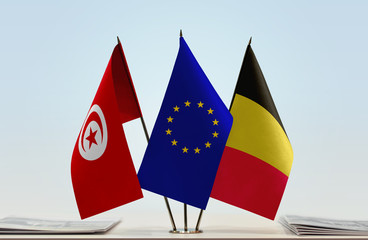 Flags of Tunisia European Union and Belgium