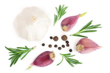 garlic with rosemary and peppercorn isolated on white background. Top view. Flat lay pattern