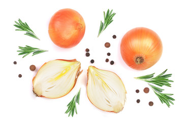onions with rosemary and peppercorns isolated on a white background. Top view. Flat lay