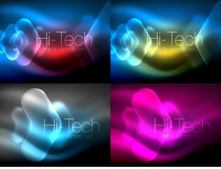 Set of abstract backgrounds. Blurred arrows in dark space. Neon pointers, glass glossy design, abstract techno background, web banner