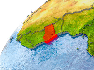 Map of Ghana in red on globe