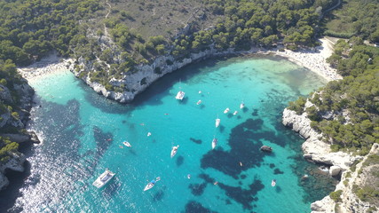Aerial view from drone of a stunning beach in Menorca (Baleares)