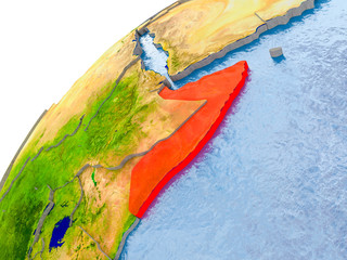 Map of Somalia in red on globe