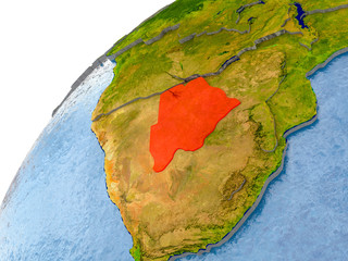 Map of Botswana in red on globe