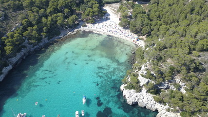 Aerial view from drone of a stunning beach in Menorca (Baleares)