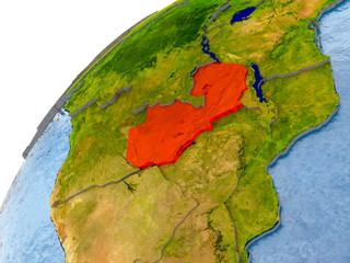 Map of Zambia in red on globe