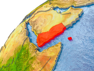 Map of Yemen in red on globe
