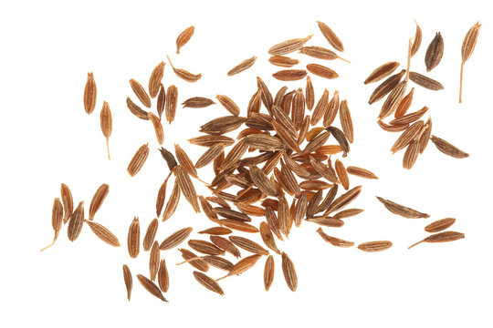 Cumin or caraway seeds isolated on white background. Top view