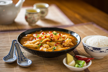 Chinese Food Chicken with Rice with Hot Green Tea sitting on a Table 