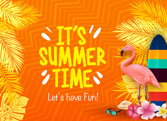 Obraz premium Jest czas letni Bawmy się z flamingiem, deską surfingową, kwiatami, liśćmi palmowymi w pomarańczowym tle z ilustracją plakatu wzoru.