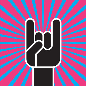Sign of the Horns Hand Gesture. Flat vector illustration of stylized hand making the classic rock and roll devils horns hand sign against colorful radial background.