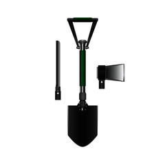 Сamping folding shovel with green handle. Included nozzles. Vector