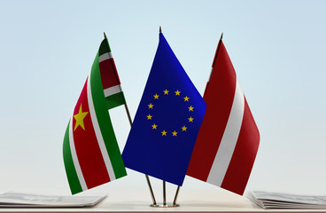 Flags of Suriname European Union and Latvia