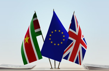 Flags of Suriname European Union and Great Britain