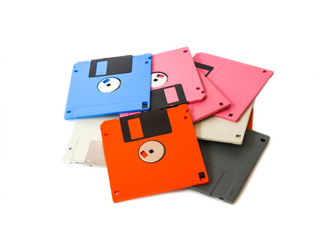 A floppy disk also called a floppy, diskette, or just disk was a ubiquitous form of data storage and exchange from the mid-1970s into the mid-2000s. isolated on white background
