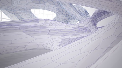 Abstract drawing white parametric interior  with window. Polygon colored drawing. 3D illustration and rendering.