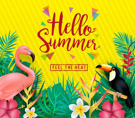Naklejka premium Hello Summer Feel the Heat Poster with Tropical Leaves and Flowers in Yellow Background with Pattern. Vector Illustration 