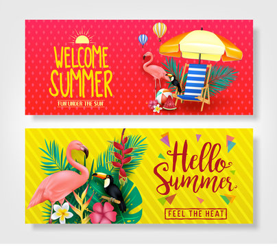 Welcome Summer and Hello Summer Creative Banners in Isolated Background. Vector Illustration
