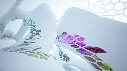 Abstract white and colored gradient glasses parametric interior  with window. 3D illustration and rendering.